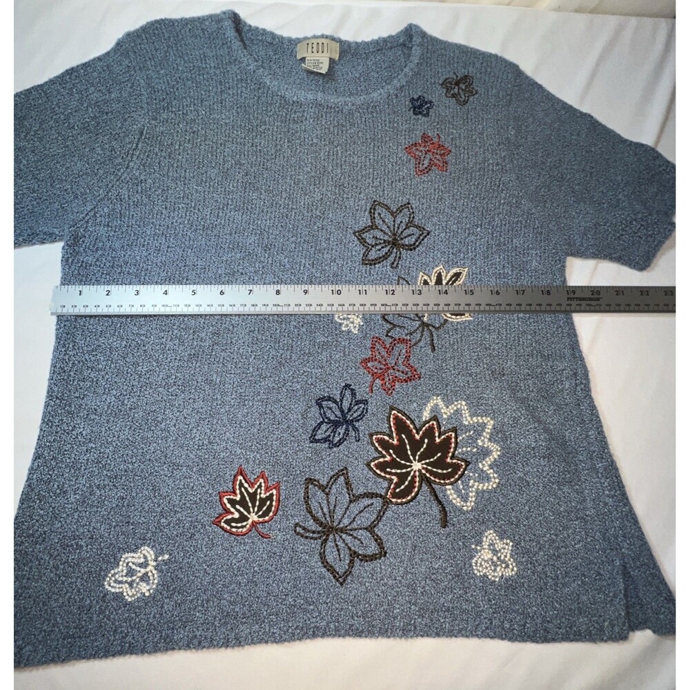 VINTAGE 90s TEDDI Leaves Embroidered Short Sleeve Sweater Medium Fall Cottage - Picture 5 of 6